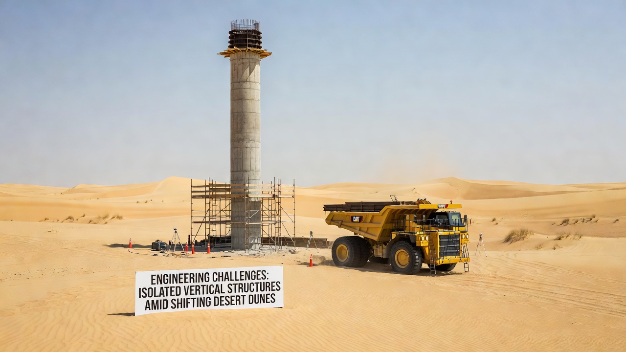 Engineering Challenges in Constructing Isolated Vertical Structures Amid Shifting Desert Dunes