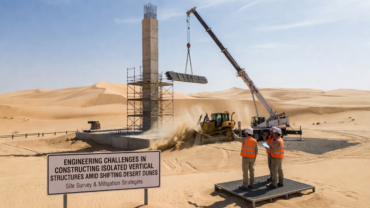 Close-up of reinforced foundation elements resisting sand encroachment around a vertical structure base